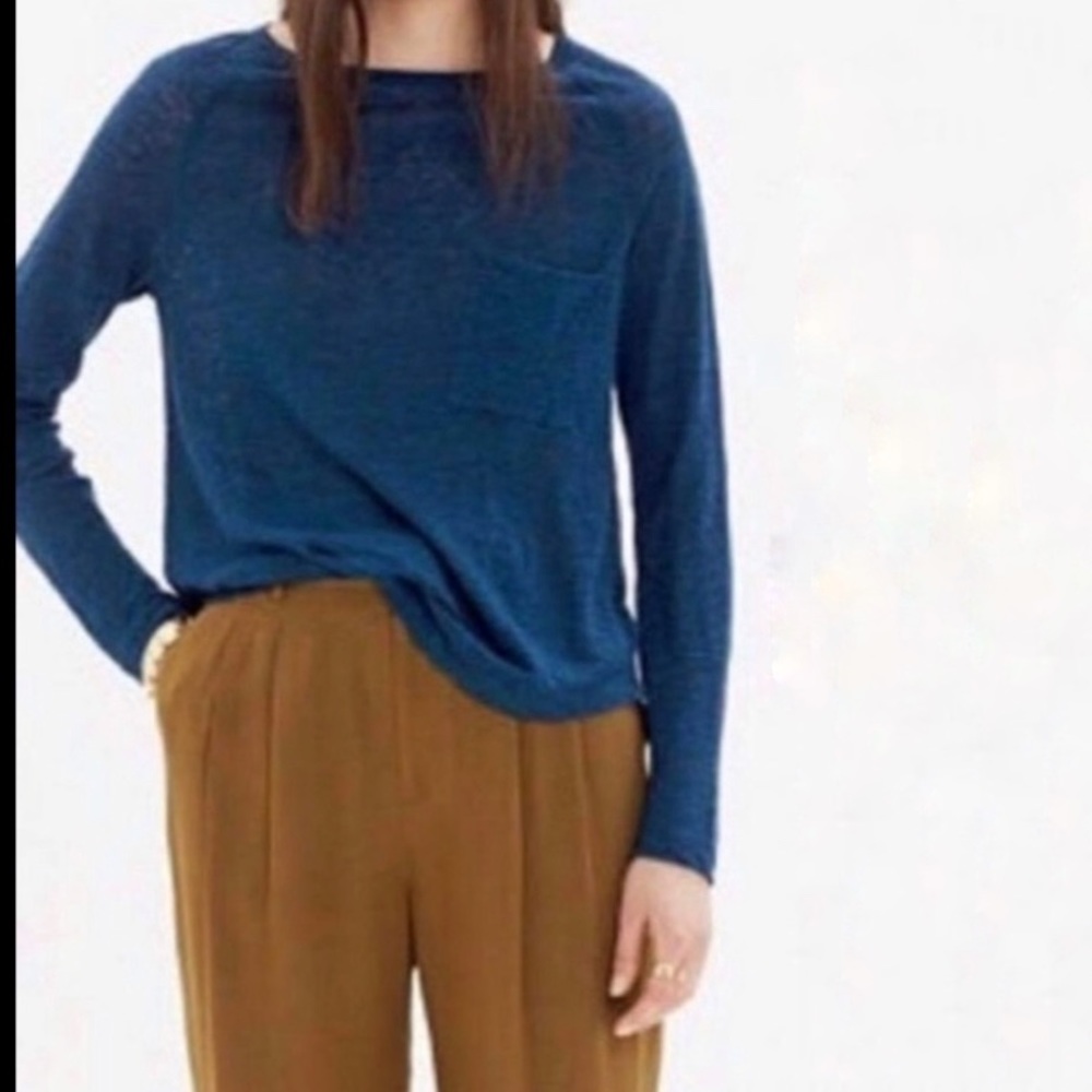 Madewell linen classic long sleeve t shirt top in heathered blue semi sheer